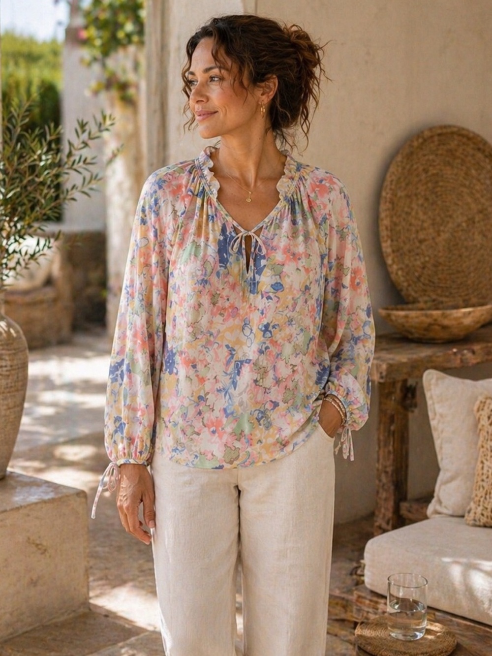 New Elie Tahari Pastel Floral Split V Neck Tie-Ruffle Blouse 2X